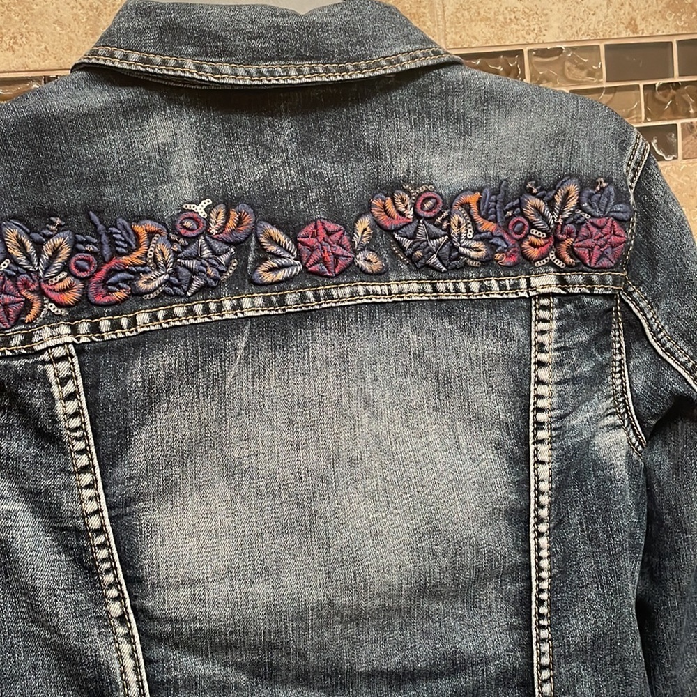 Christopher & Banks Denim Jacket Floral Embroidery Soft Fabric